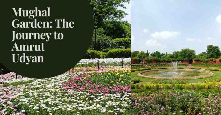 Mughal Garden Charbagh style with a historic monument, fountains, flowerbeds, and mountains in the background.