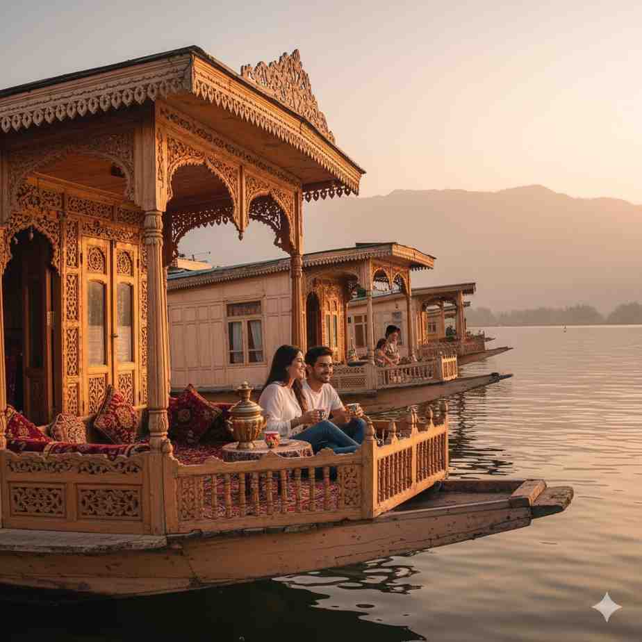 Traditional wooden Dal Jheel boat house in Srinagar, Kashmir, reflecting on the calm water at sunrise.