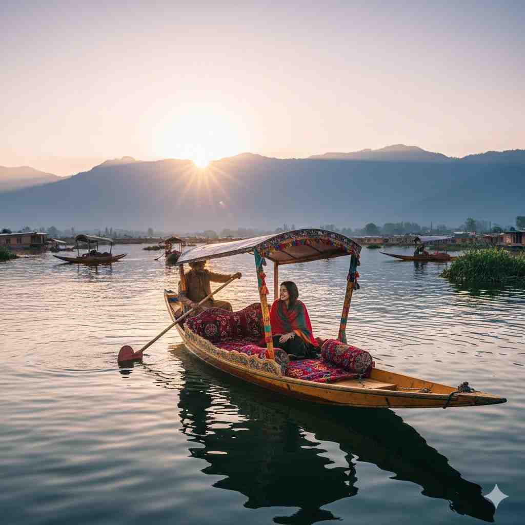 A beautiful sunrise shikara ride on Dal Lake Srinagar with a traditional boat and Zabarwan mountains in the background.