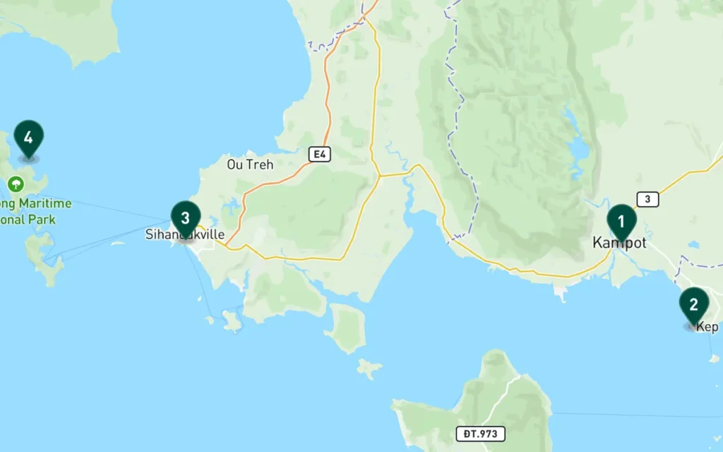 Cambodia best beaches map - Suggested travel route