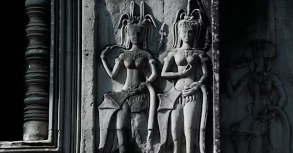 Apsara carvings on an Angkor Wat temple wall that inspired traditional Khmer attire