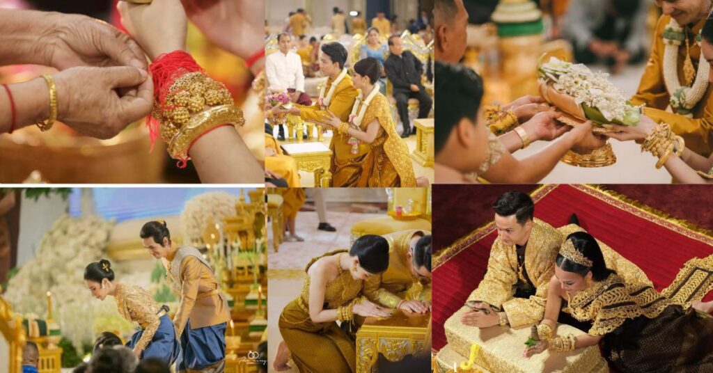 Elder tying a red thread around a Cambodian couple's wrists during a wedding ritual