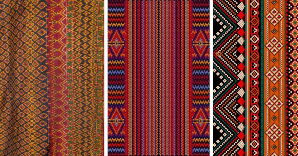 Handwoven colorful Sampot Hol silk fabric with traditional Khmer ikat-style patterns