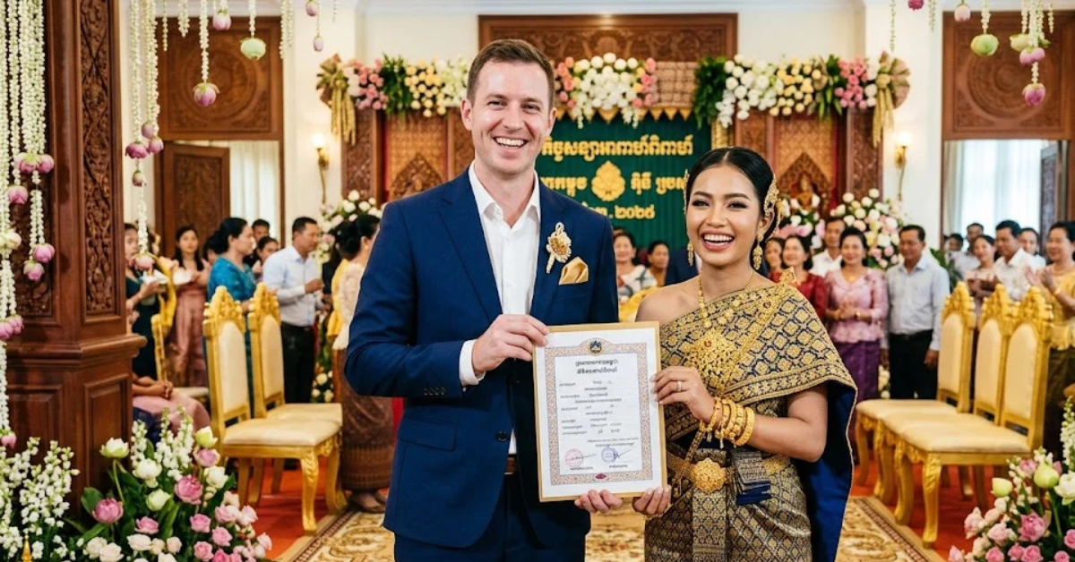 Foreign groom and Cambodian bride holding marriage certificate in Cambodia